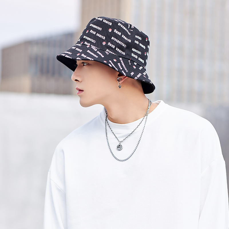 春夏季双面戴黑色满印渔夫帽男韩版百搭潮帽子时尚遮阳帽防晒盆帽