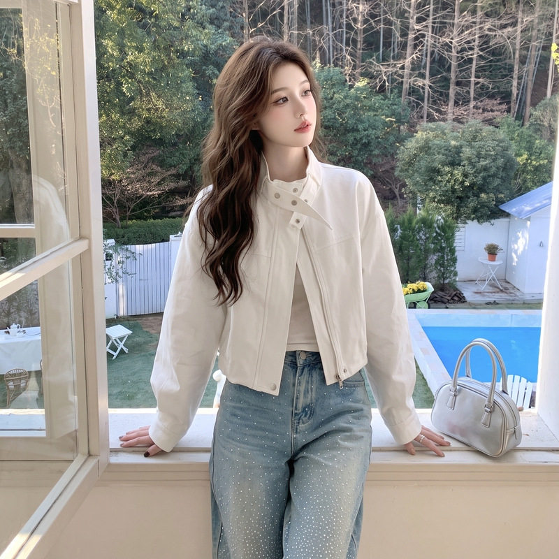 白色工装立领短款风衣外套女2026春秋休闲时尚高级感小个子短夹克