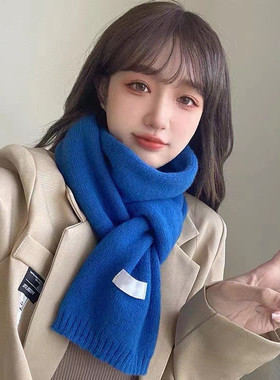 韩式女式冬天围巾秋冬季2025新款克莱因蓝色高级感小围巾纯色学生