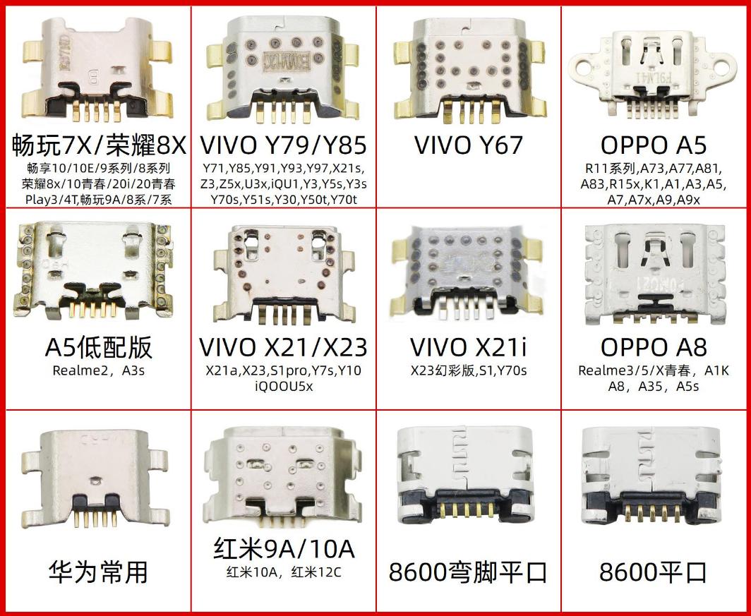 常用安卓尾插接口适用荣耀8x Vivo Y79 Y85 X21 OPPO A5 A8充电口 3C数码配件 手机零部件 原图主图