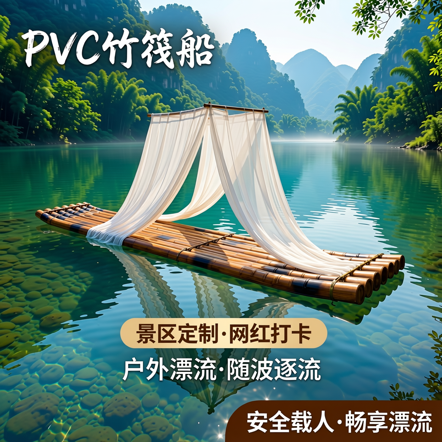 PVC竹筏船定制景区水上载人观光旅游网红纱幔棚漂流船户外竹排筏