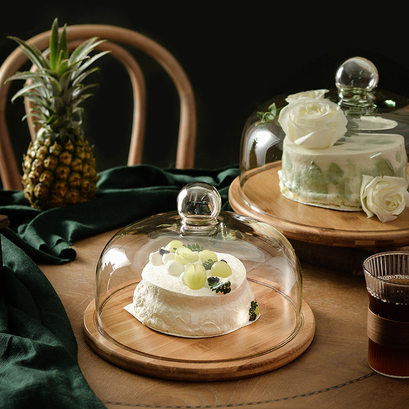 木质蛋糕托盘带盖面包糕点点心盘透明防尘玻璃罩水果试吃盘展示盘