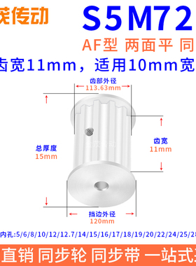 同步带轮S5M72槽宽11两面平AF内孔8 10 12.7 14 15 16 17同步轮