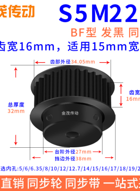 同步带轮S5M22齿钢发黑BF槽宽16内孔5 6.35 8 10 12 145同步轮S5M