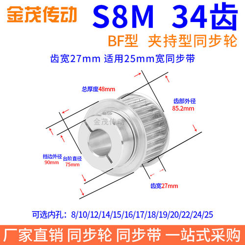 S8M34齿宽27夹持型同步带轮内孔8 10 12 15 19 220抱紧HTCP同步轮