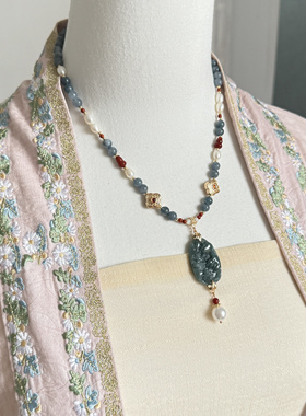 朱山 危料翡翠山水牌璎珞项链多宝珍珠 汉服原创国风手作 春不晚