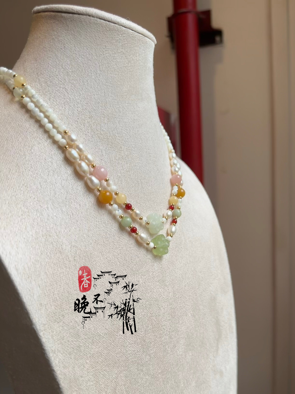 春不晚手作 岫玉梅花短璎珞背云多宝汉服旗袍项链古风配饰春夏