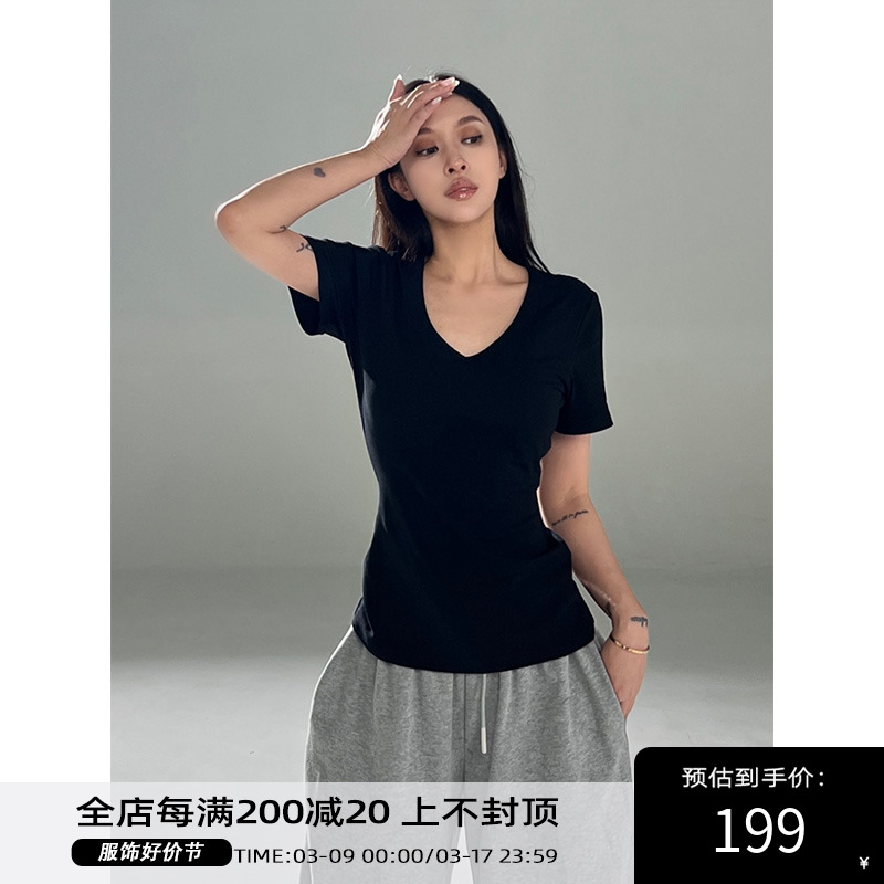 Angelapopewang 美式辣妹时尚百搭黑色V领短袖T恤女夏季新款TEE