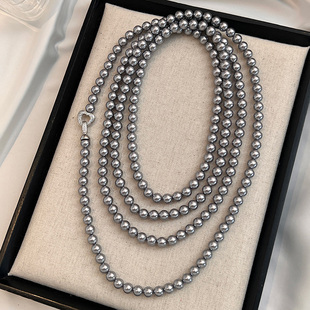 真多麻铂金灰色珍珠项链长款女款毛衣链叠戴2026新款爆款颈链8mm