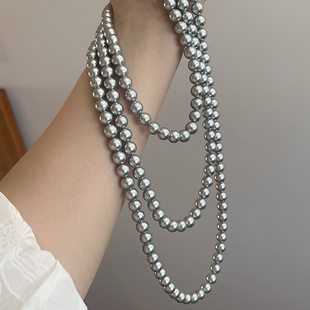 真多麻灰色珍珠项链长款女款毛衣链叠戴2026新款爆款颈链轻奢小众