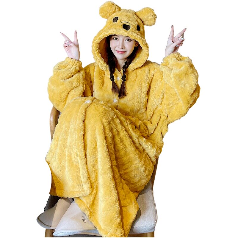 CORAL VELVET NIGHTGOWN WOMENS WINTER LONG THICKENED VELVET HOODED CARTOON CUTE PAJAMAS WOMENS NEW AUTUMN WINTER 2022