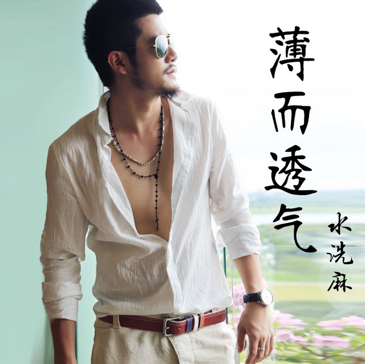 men shirt 2022欧美爆款个性仿棉麻长袖衬衫男薄款休闲宽松衬衣潮