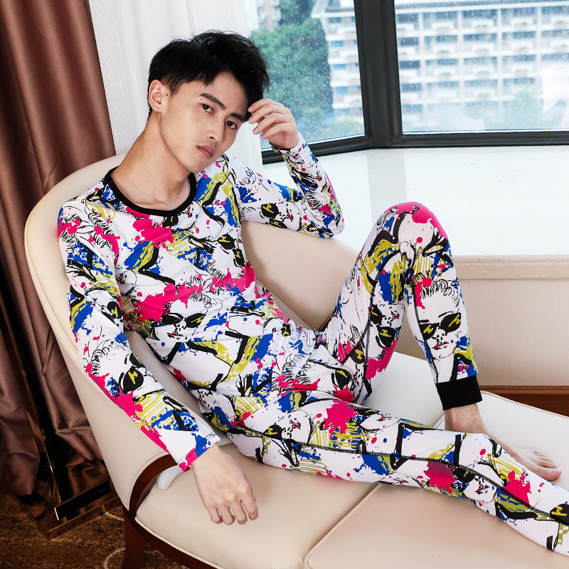 男士保暖内衣套装薄款棉质秋衣秋裤青年个性感运动圆领打底衫秋冬