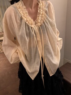 ins潮甜美木耳边系带长袖 新款 时尚 女 衬衫 2025秋季 coffee小姐 韩版