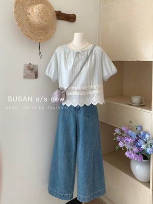 SUSAN2024夏韩版新款ins潮时尚系带拼接高级感褶皱蕾丝显瘦小衫