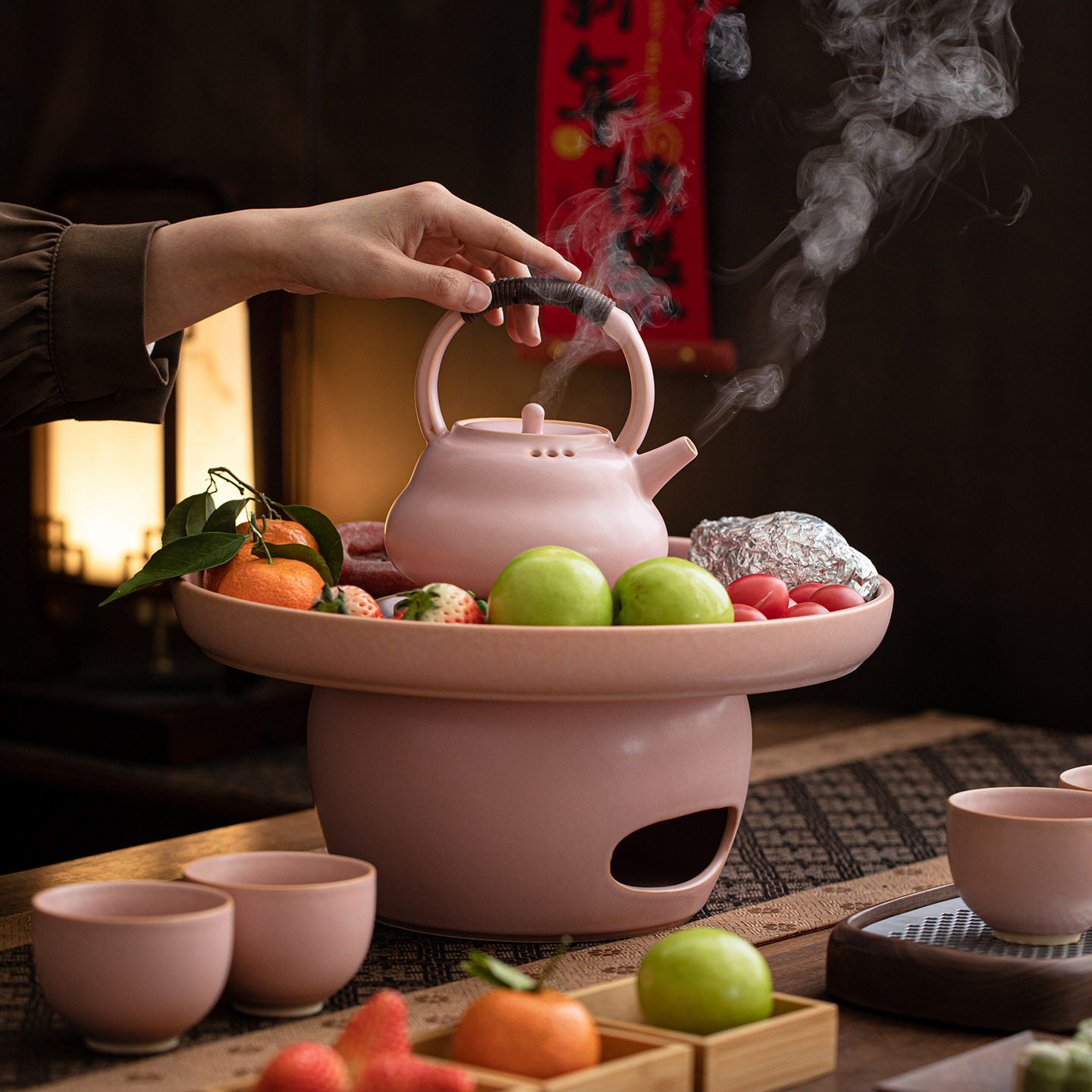 陶瓷围炉煮茶炭火炉家用户外酒精炉樱花粉煮茶器烧水壶整套煮茶壶