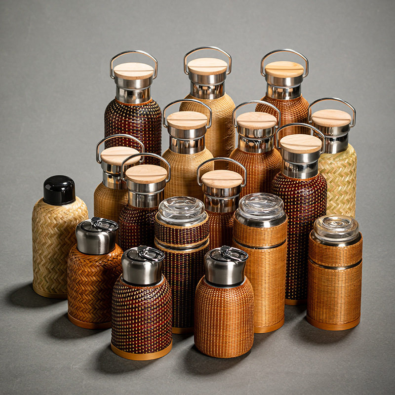 复古竹编便携不锈钢保温杯热水壶藤编旅行水杯手作蔑丝热水瓶水壶