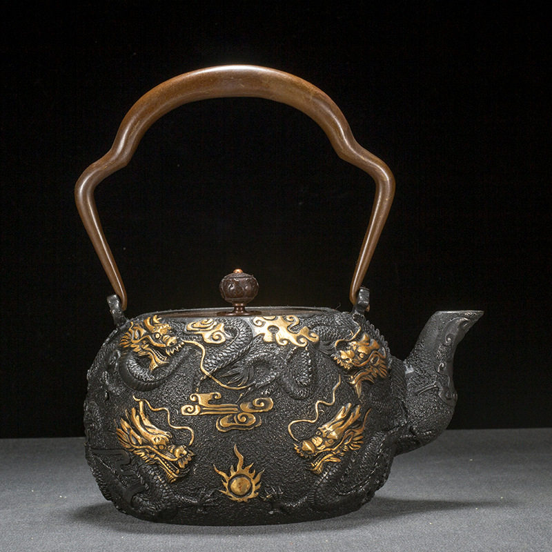 九龙鎏金铸铁茶壶无涂层功夫茶具户外家用复古休闲烧水壶煮水壶
