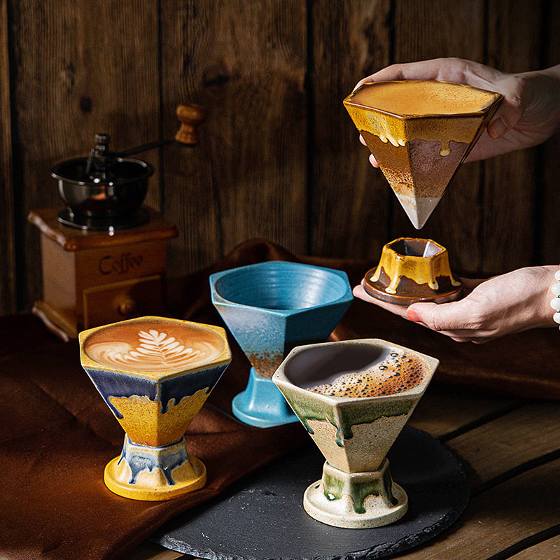 创意咖啡杯北欧轻奢陶瓷杯子六角设计感水杯高颜值下午茶咖啡杯子