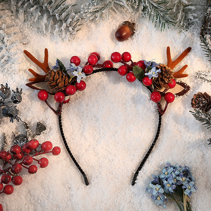 圣诞节装饰火龙果麋鹿红色发箍百搭外出韩国发饰头箍压发防滑森系