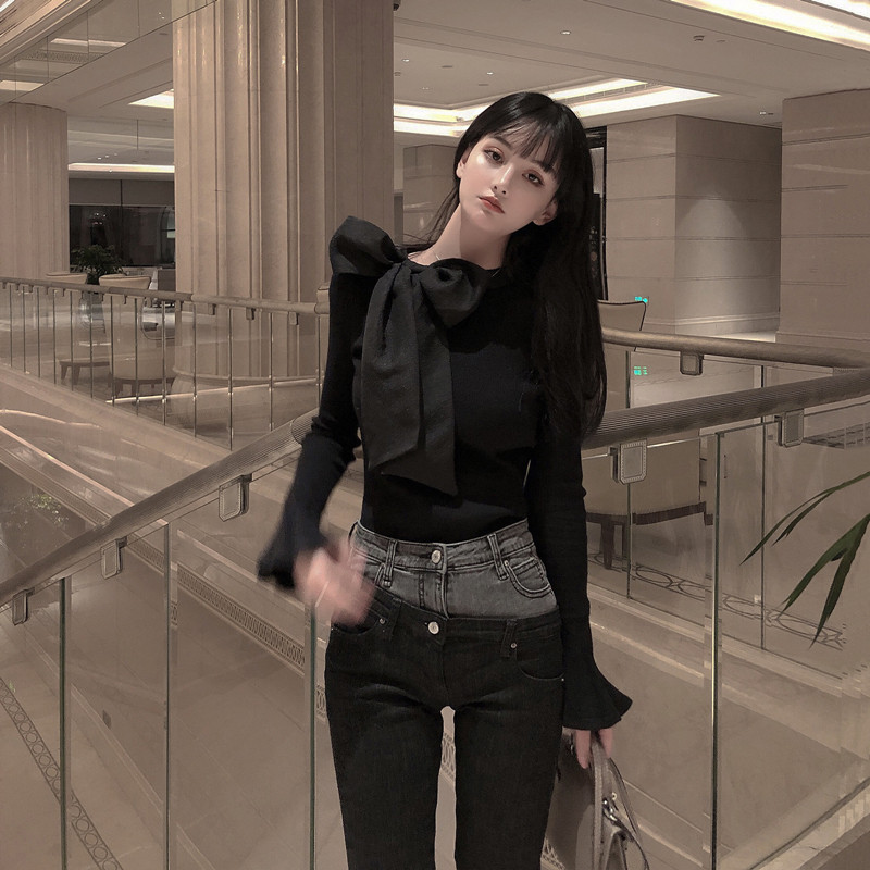 黑色毛衣女2025春秋新款修身内搭打底衫长袖上衣蝴蝶结绑带针织衫