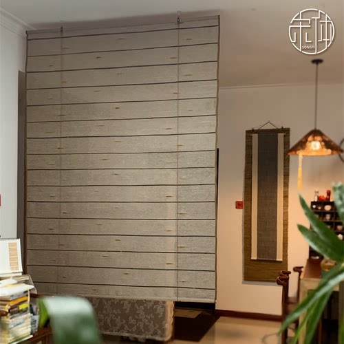 风水隔断帘子可升降卷帘亚麻布艺