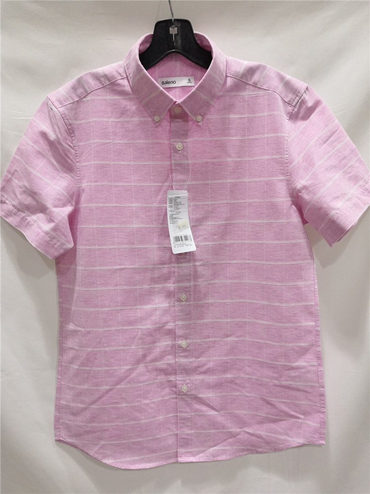 BNL潮流夏季新品粉红色格子男士棉麻休闲宽松版短袖衬衫88904013