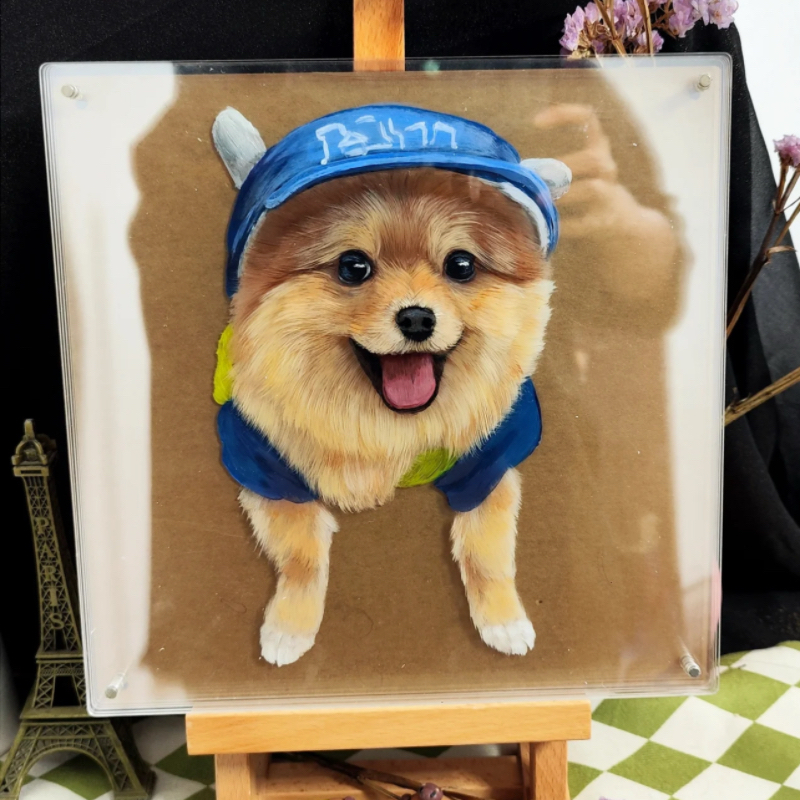 85手绘多层亚克力玻璃立体油画宠物狗猫纪念礼品装饰画肖像定制图片