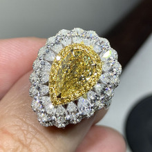 CY宝饰豪华水滴形天然彩钻18K白金PT900选钻定制2克拉黄钻女戒指