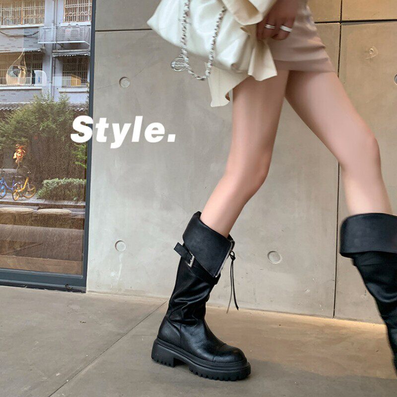 步享~反派角色~炸街皮带扣厚底机车骑士靴女前拉链两穿翻边马丁靴