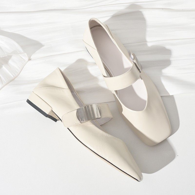 步享白色一字带玛丽珍鞋女韩版方头平底低跟真皮软底舒适浅口单鞋,女鞋,玛丽珍鞋,淘宝优惠券,粉丝福利购,淘宝优惠卷