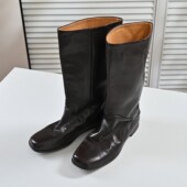 步享 头层胎牛皮中高筒靴女长靴英伦风方头平底平跟真皮骑士靴子