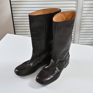 步享 头层胎牛皮中高筒靴女长靴英伦风方头平底平跟真皮骑士靴子