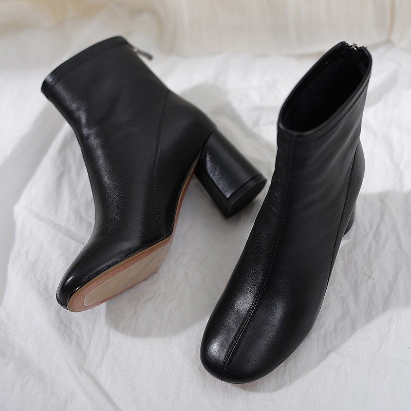羊皮法式粗跟短靴女2025春秋单靴