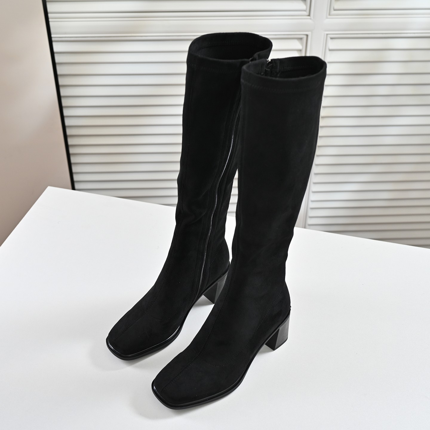 步享黑色绒面长筒靴女高筒骑士靴