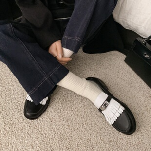 小皮鞋 粗跟深口单鞋 女春 英伦老钱风拼色流苏金属锁扣乐福鞋 步享