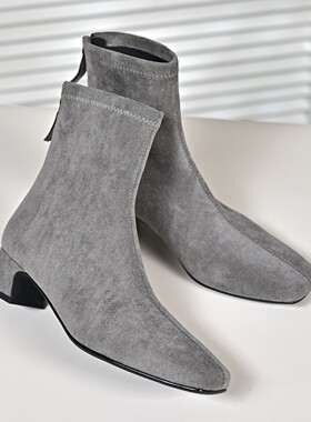 步享~灰色方头中跟短靴女2025新款法式绒面粗跟真皮后拉链瘦瘦靴