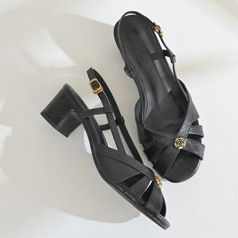 步享法式镂空透气鱼嘴凉鞋女夏外穿时尚山茶花真皮中跟粗跟配裙子,女鞋,时装凉鞋,淘宝优惠券,粉丝福利购,淘宝优惠卷