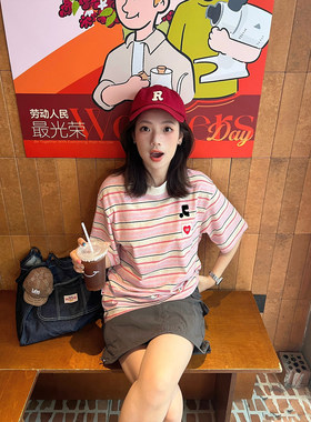 【韩国购】Restandretion甜美爱心条纹撞色短袖t恤女夏季新款上衣