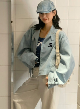 【韩国购】Restandretion雾霾蓝长袖外套女宽松灯芯绒夹克潮