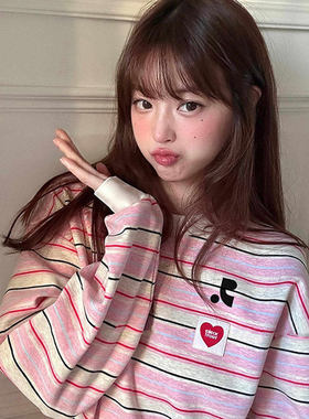 【韩国购】Restandretion韩系粉色条纹撞色圆领长袖T恤打底上衣女