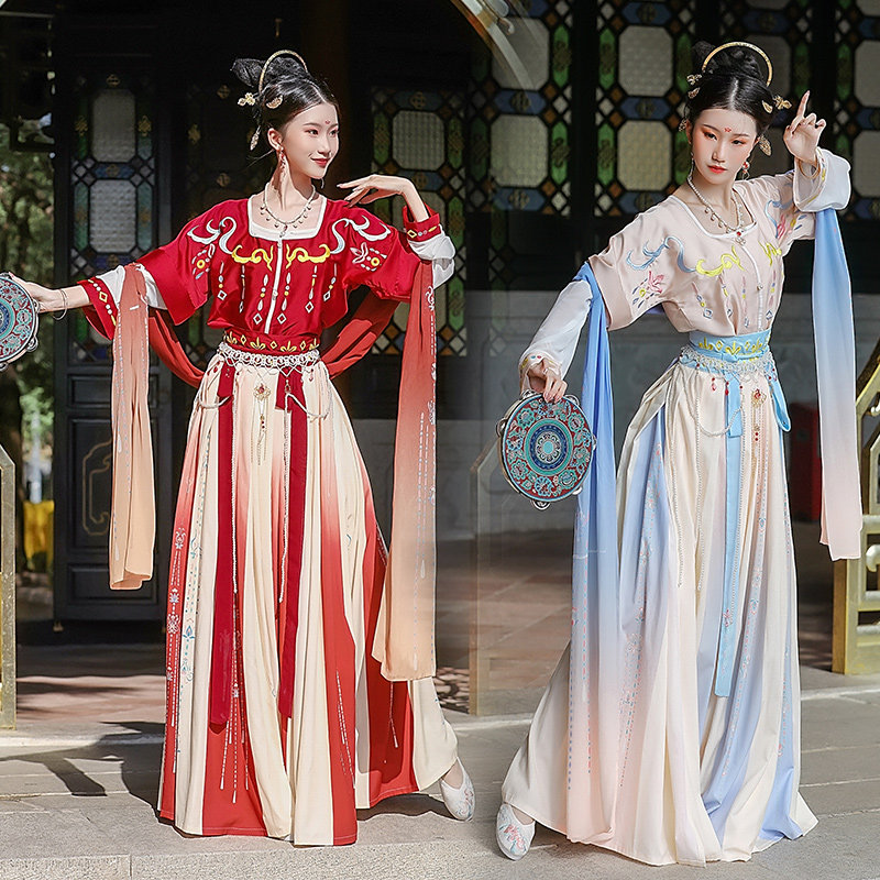 坦领汉服女中国风齐腰襦裙原创敦煌飞天白菜刺绣半臂三件套古装秋