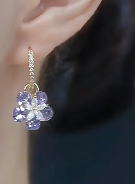 新中式紫色锆石花朵耳扣气质大方优雅复古温柔耳环精致不挑人耳饰
