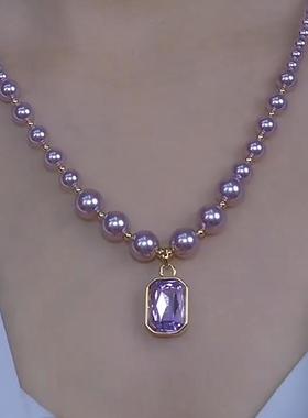 简约百搭款紫色方形方块珍珠项链日常奢华秋冬热销款颈链锁骨链潮