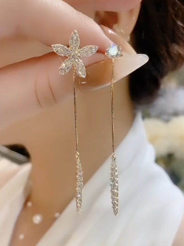 s925银针不对称锆石花朵流苏耳线小众设计感一款多戴时尚气质耳饰