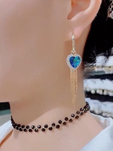 超仙唯美精致耳饰小众流行蓝色锆石海洋之心流苏耳环耳扣女气质款