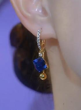 蓝色方糖球球流苏耳扣女精致复古时尚小众设计感百搭耳环耳饰耳坠