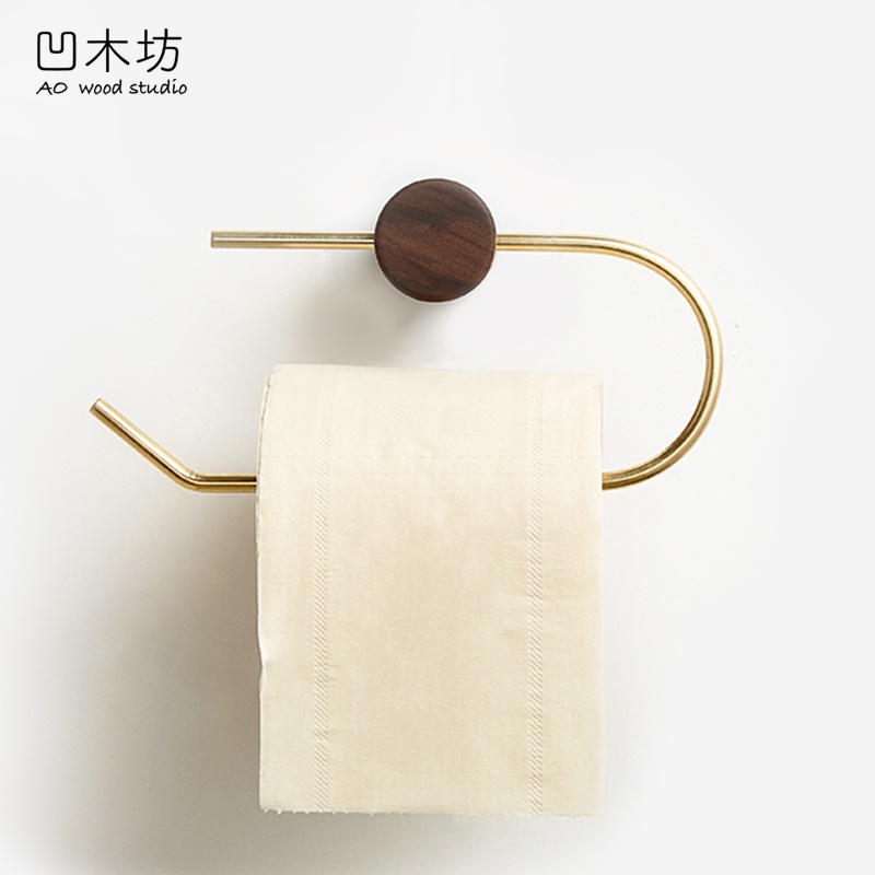 卫生纸置物架北欧卷纸架黄铜厕所实木手纸架子免打孔卫生间纸巾架