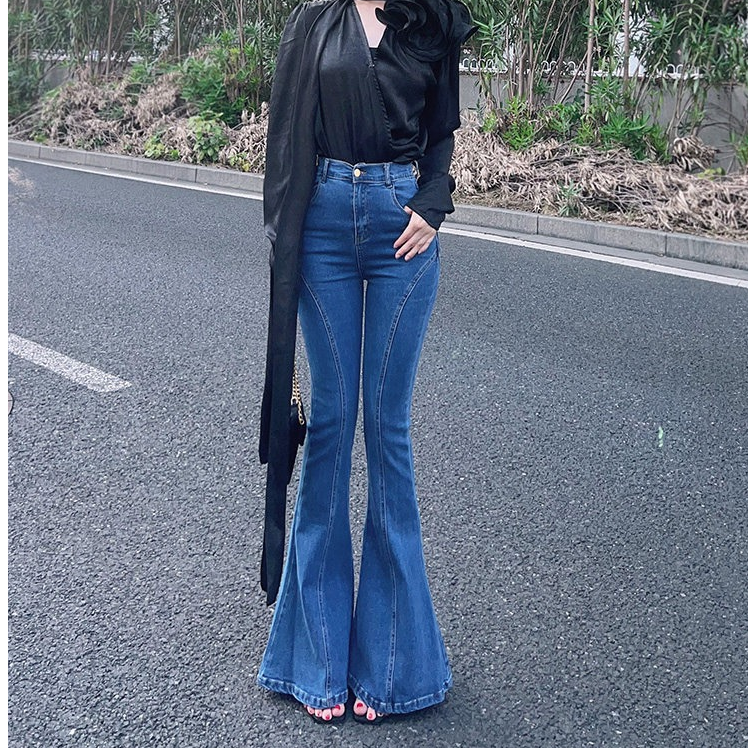 蓝色喇叭裤时尚美式大喇叭牛仔裤女款爆款新款高腰修身显瘦辣妹