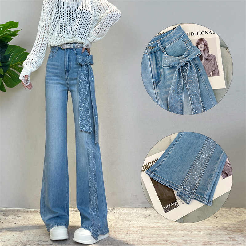 迪否重工烫钻蝴蝶结阔腿牛仔裤2026春夏新款高腰百搭不贴腿直筒裤